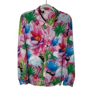 Soft Surroundings Tropical Bird Floral Print Button Down Shirt Women's Resort